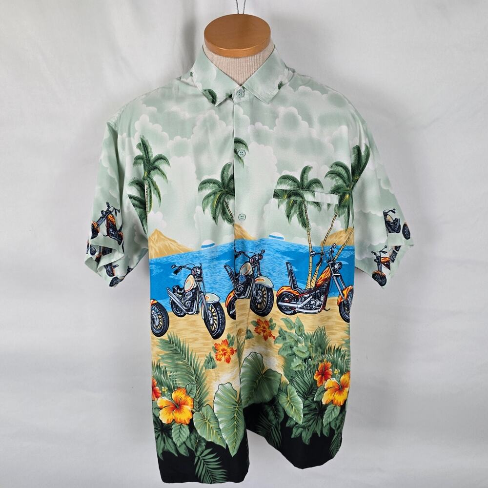 Rima Hawaiian Motorcycle Shirt Men's L Tropical Button Down Short Sleeve Collar